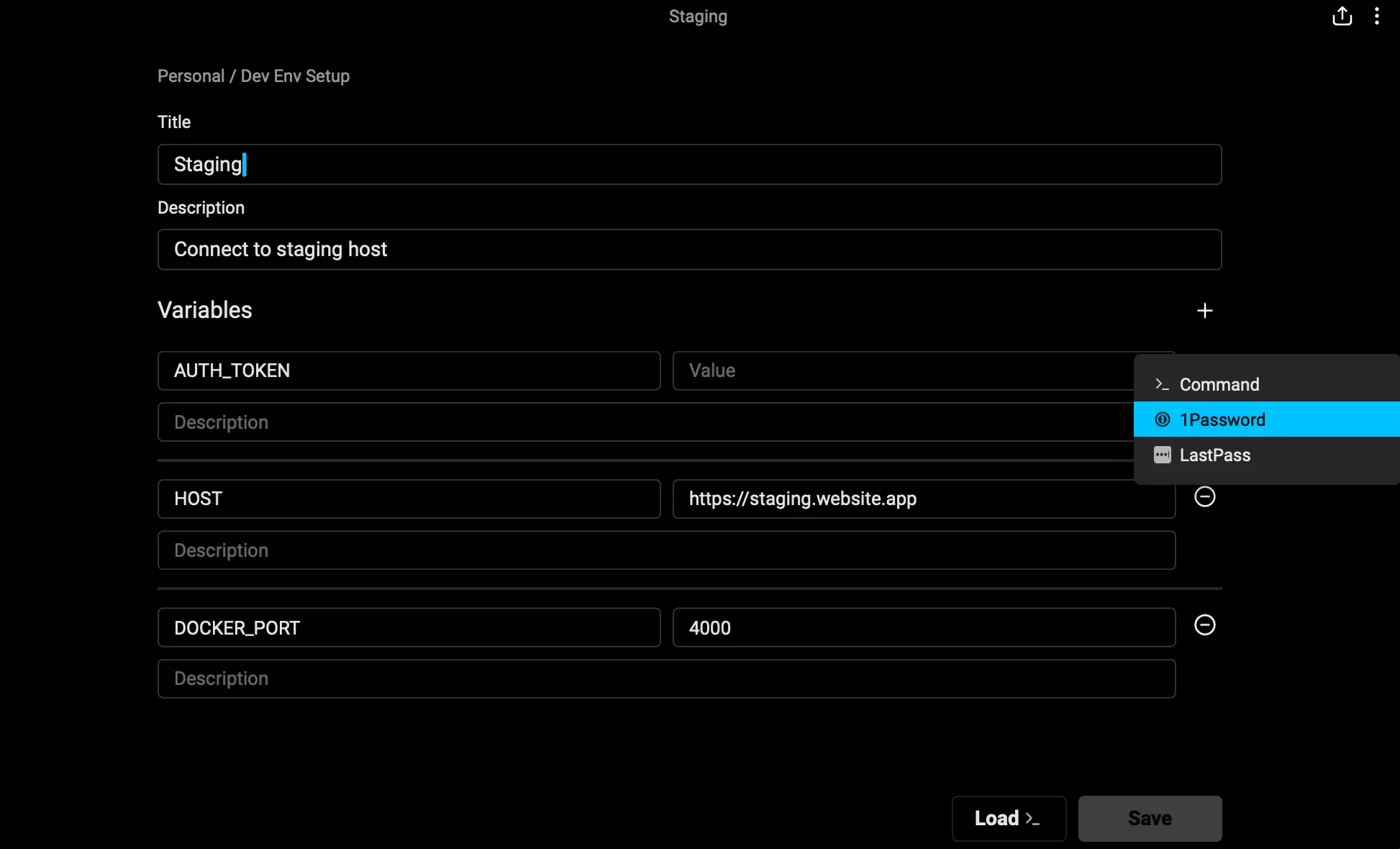 Selecting an integrated password manager from the dynamic variable dropdown.